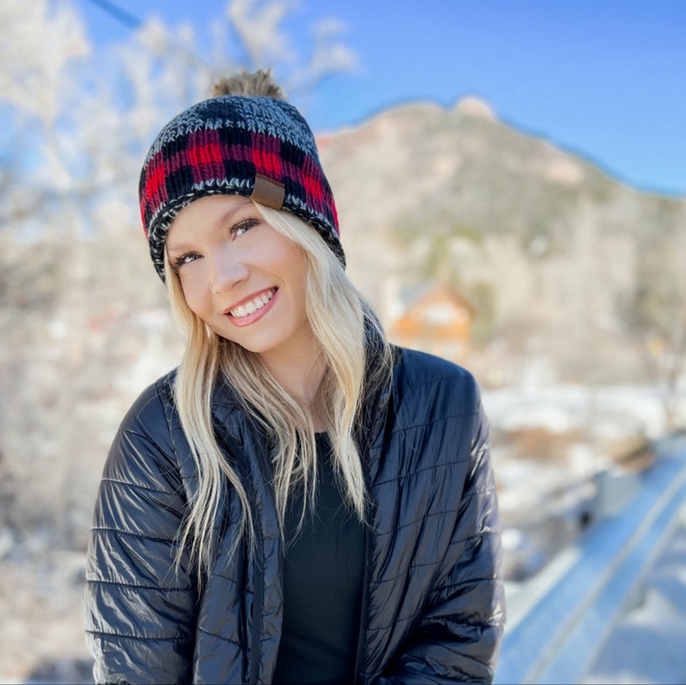 Buffalo Check Mixed Print Fur Pom C.C Beanie